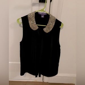 Ralph Lauren - Black Silk Button Up with Gold Embellished Collar - Size 8